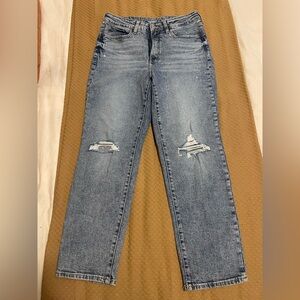 Distressed High Waisted Straight Leg Blue Jeans for Women